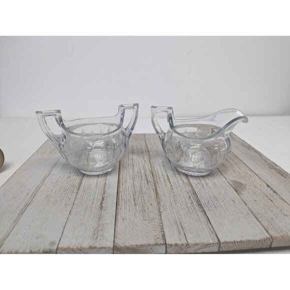 Vintage Heisey Glass Creamer & Sugar w/ Geometric Leaf & Berry Wheel Cut Pattern - Picture 1 of 13